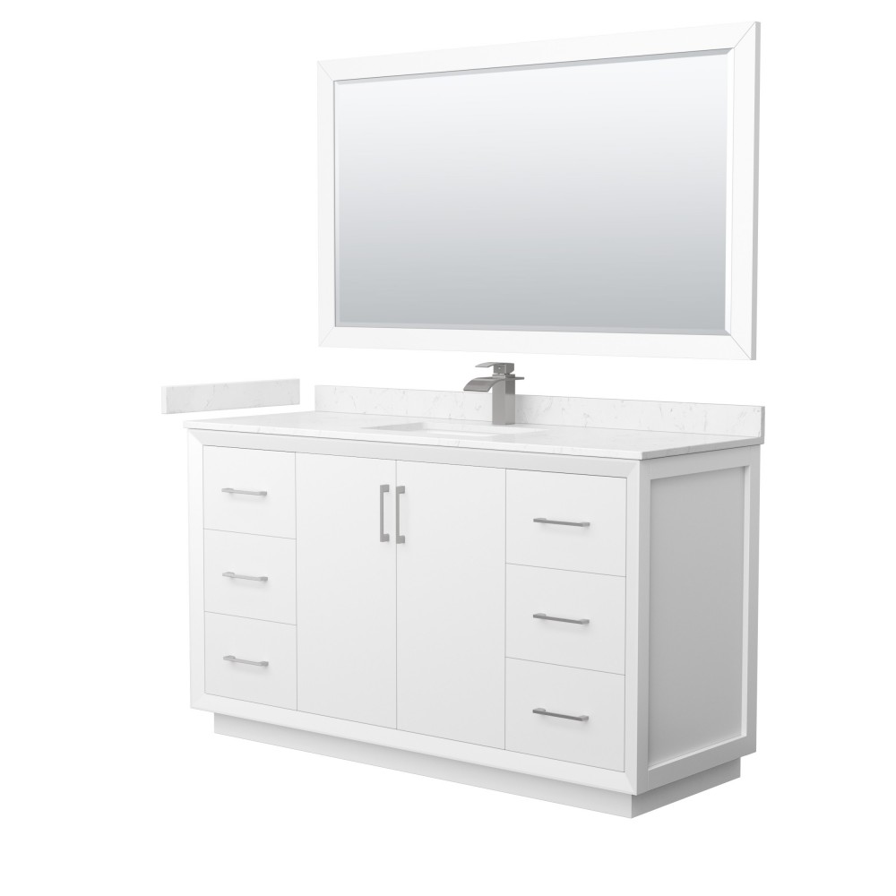 Strada 60" White Single Vanity, Marble Top, Sink, Nickel Trim, 58" Mirror