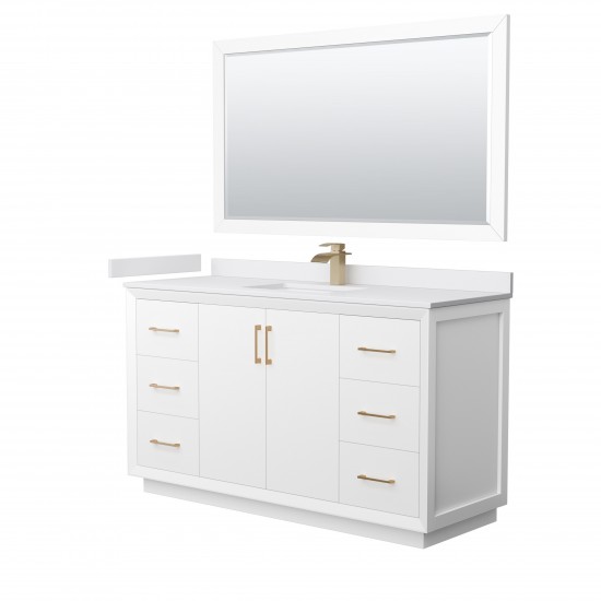 Strada 60" White Single Vanity, White Marble Top, Sink, Bronze Trim, 58" Mirror