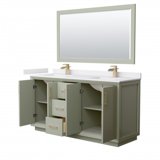 Strada 66" Green Double Vanity, White Marble Top, Sinks, Bronze Trim, 58" Mirror