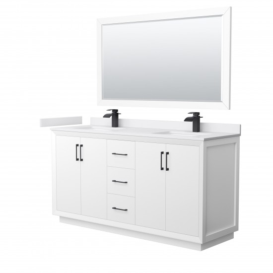 Strada 66" White Double Vanity, White Marble Top, Sink, Black Trim, 58" Mirror