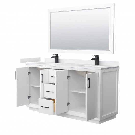 Strada 66" White Double Vanity, White Marble Top, Sink, Black Trim, 58" Mirror