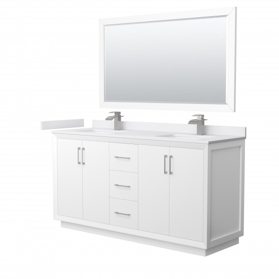 Strada 66" White Double Vanity, White Marble Top, Sink, Nickel Trim, 58" Mirror