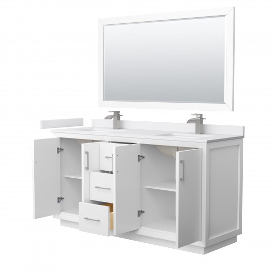 Strada 66" White Double Vanity, White Marble Top, Sink, Nickel Trim, 58" Mirror