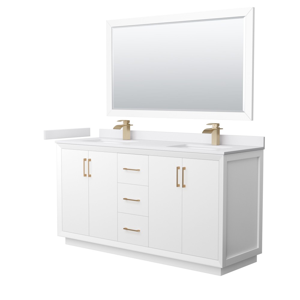 Strada 66" White Double Vanity, White Marble Top, Sink, Bronze Trim, 58" Mirror Strada 66" White Double Vanity, White Marble Top, Sink, Bronze Trim, 58" Mirror