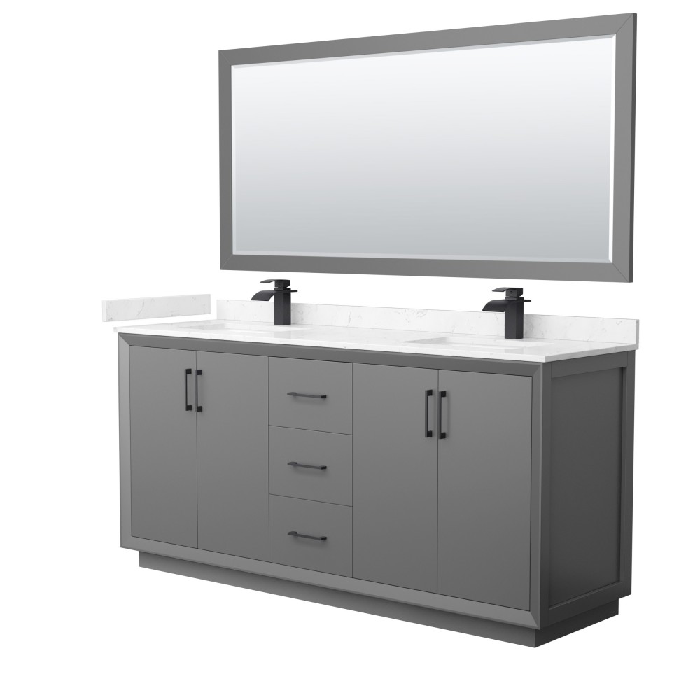 Strada 72" Gray Double Vanity, Carrara Marble Top, Sink, Black Trim, 70" Mirror