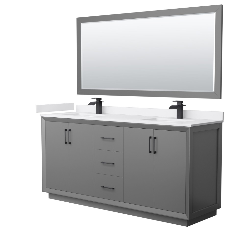 Strada 72" Gray Double Vanity, White Marble Top, Sink, Black Trim, 70" Mirror Strada 72" Gray Double Vanity, White Marble Top, Sink, Black Trim, 70" Mirror