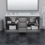 Strada 72" Gray Double Vanity, White Marble Top, Sink, Black Trim, 70" Mirror