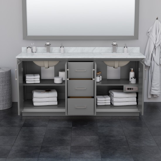Strada 72" Gray Double Vanity, White Marble Top, Sink, Black Trim, 70" Mirror