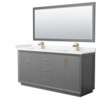 Strada 72" Gray Double Vanity, Carrara Marble Top, Sink, Bronze Trim, 70" Mirror