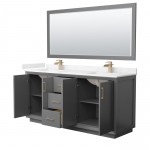 Strada 72" Gray Double Vanity, Carrara Marble Top, Sink, Bronze Trim, 70" Mirror