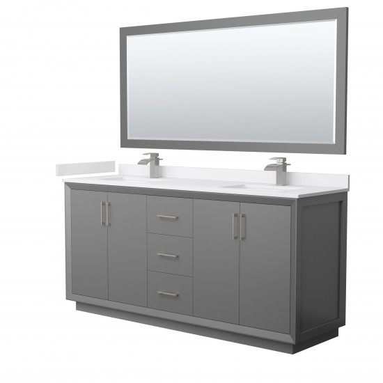 Strada 72" Gray Double Vanity, White Marble Top, Sink, Nickel Trim, 70" Mirror