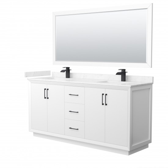 Strada 72" White Double Vanity, Carrara Marble Top, Sink, Black Trim, 70" Mirror