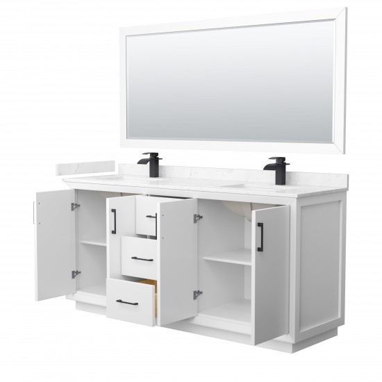 Strada 72" White Double Vanity, Carrara Marble Top, Sink, Black Trim, 70" Mirror