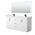 Strada 72" White Double Vanity, White Marble Top, Sink, Black Trim, 70" Mirror