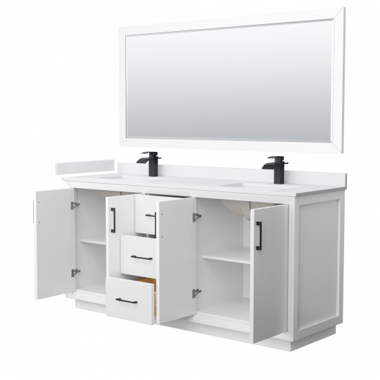 Strada 72" White Double Vanity, White Marble Top, Sink, Black Trim, 70" Mirror