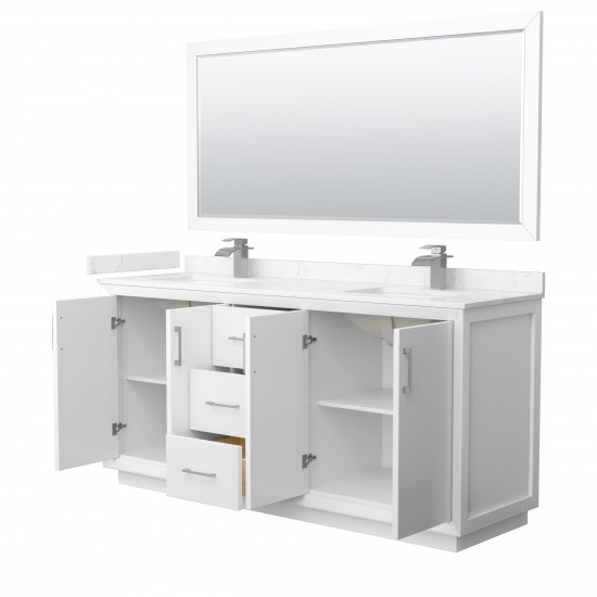 Strada 72" White Double Vanity, Marble Top, Sink, Nickel Trim, 70" Mirror