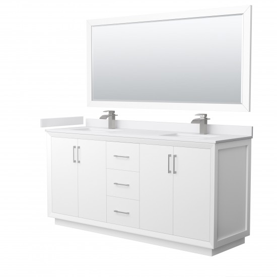 Strada 72" White Double Vanity, White Marble Top, Sink, Nickel Trim, 70" Mirror