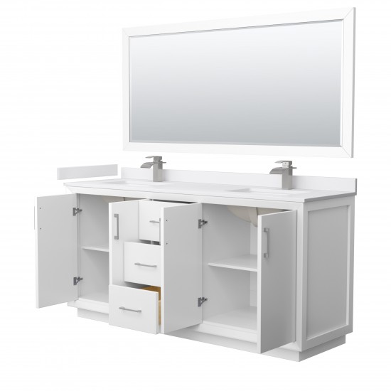 Strada 72" White Double Vanity, White Marble Top, Sink, Nickel Trim, 70" Mirror