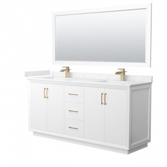 Strada 72" White Double Vanity, Marble Top, Sink, Bronze Trim, 70" Mirror