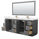 Strada 84" Gray Double Vanity, White Marble Top, Sink, Bronze Trim, 70" Mirror