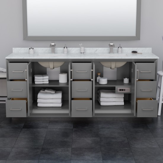 Strada 84" Gray Double Vanity, Carrara Marble Top, Sink, Nickel Trim, 70" Mirror