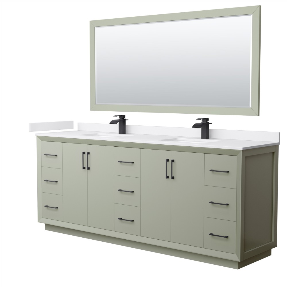 Strada 84" Green Double Vanity, White Marble Top, Sinks, Black Trim, 70" Mirror