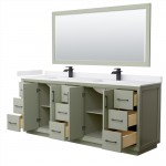 Strada 84" Green Double Vanity, White Marble Top, Sinks, Black Trim, 70" Mirror