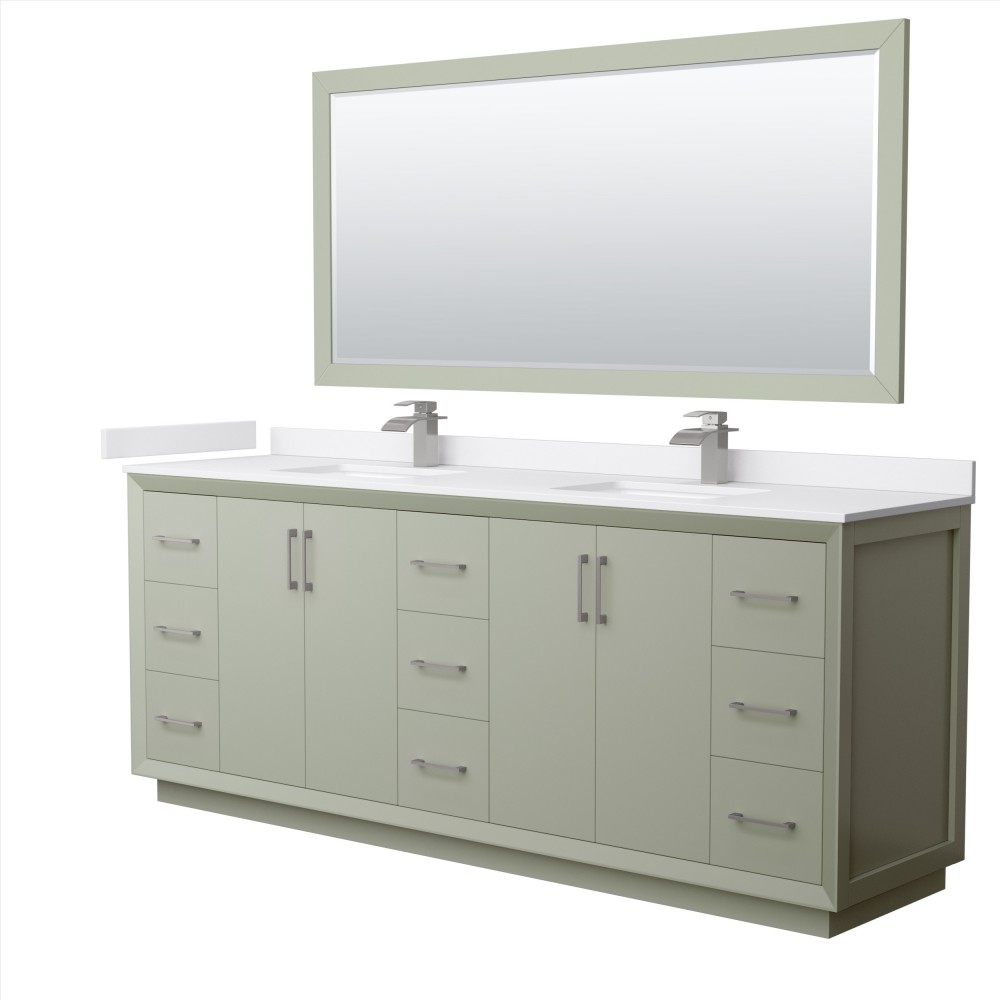 Strada 84" Green Double Vanity, White Marble Top, Sinks, Nickel Trim, 70" Mirror Strada 84" Green Double Vanity, White Marble Top, Sinks, Nickel Trim, 70" Mirror