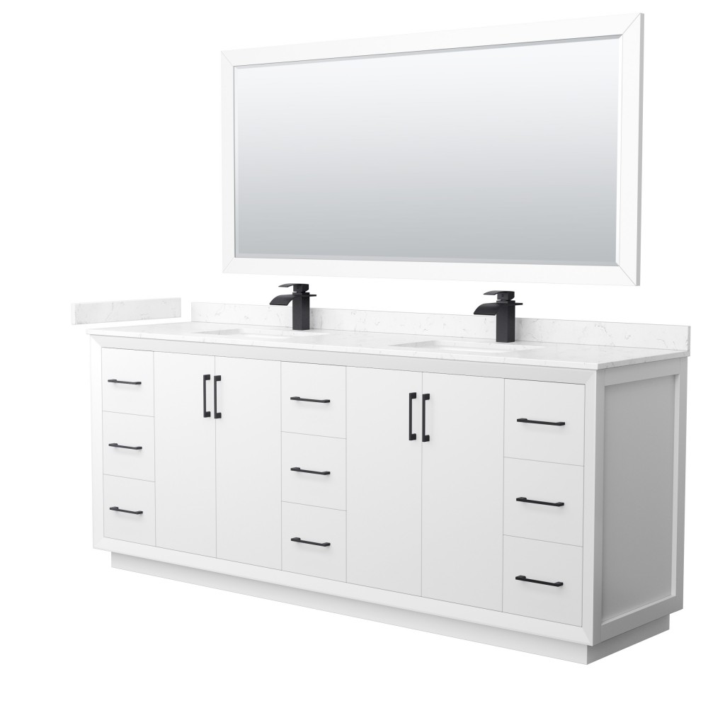 Strada 84" White Double Vanity, Carrara Marble Top, Sink, Black Trim, 70" Mirror