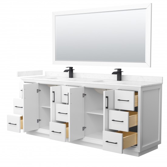 Strada 84" White Double Vanity, Carrara Marble Top, Sink, Black Trim, 70" Mirror