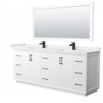 Strada 84" White Double Vanity, White Marble Top, Sink, Black Trim, 70" Mirror