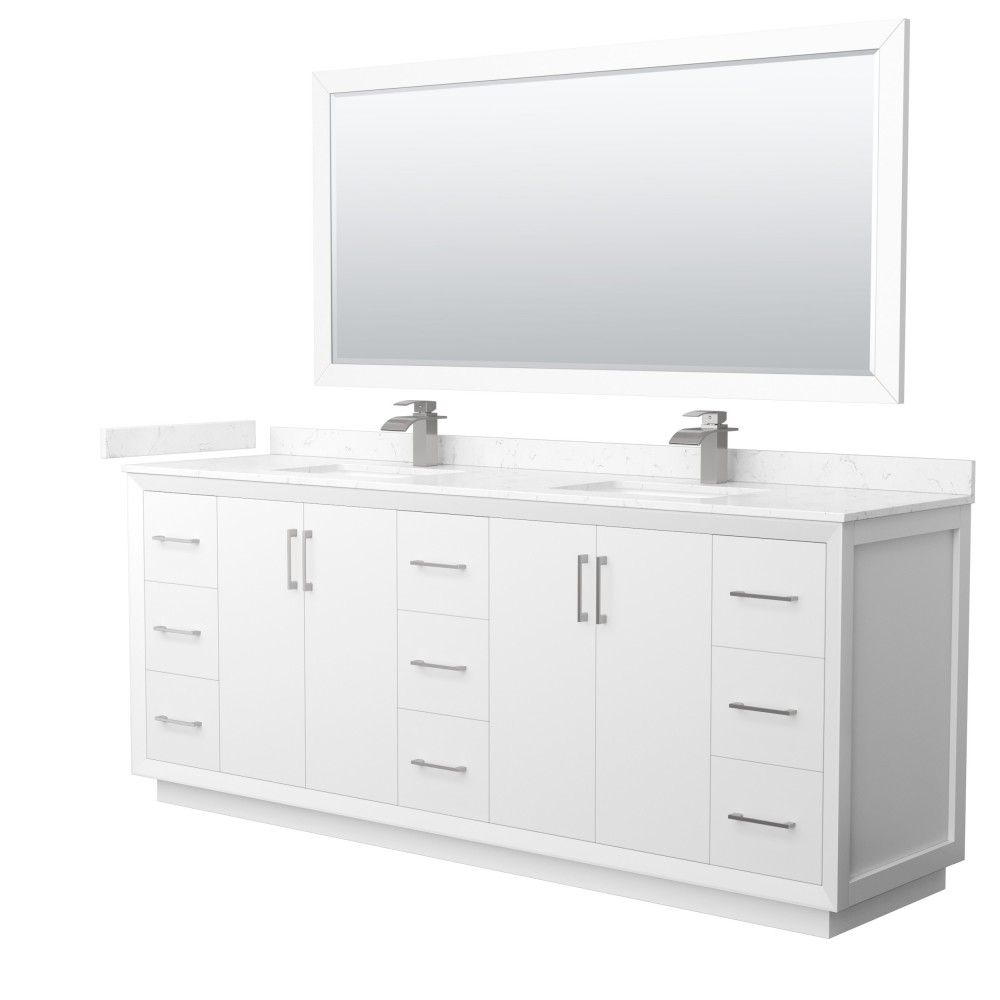 Strada 84" White Double Vanity, Marble Top, Sink, Nickel Trim, 70" Mirror Strada 84" White Double Vanity, Marble Top, Sink, Nickel Trim, 70" Mirror