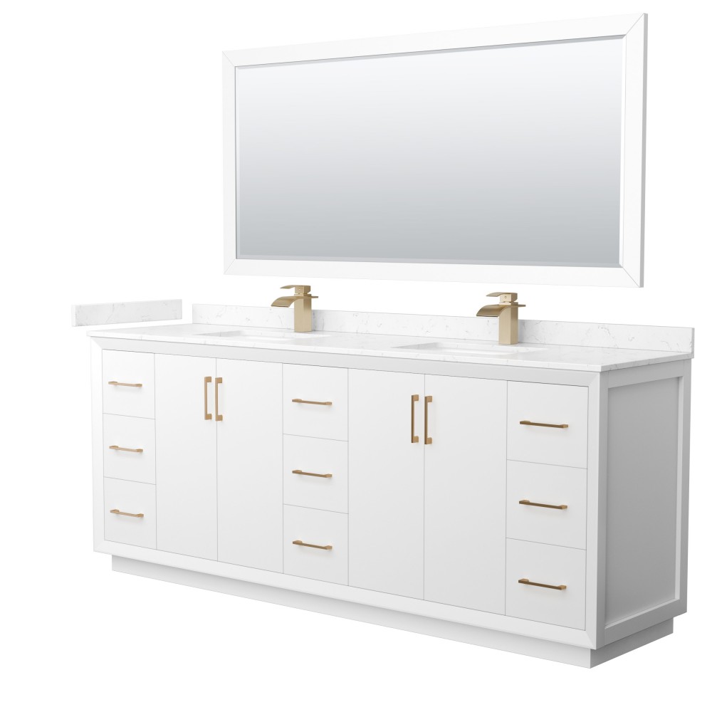 Strada 84" White Double Vanity, Marble Top, Sink, Bronze Trim, 70" Mirror