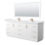 Strada 84" White Double Vanity, White Marble Top, Sink, Bronze Trim, 70" Mirror