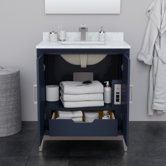 Marlena 30 Inch Single Vanity in Dark Blue, No Top, No Sink, Brushed Nickel Trim