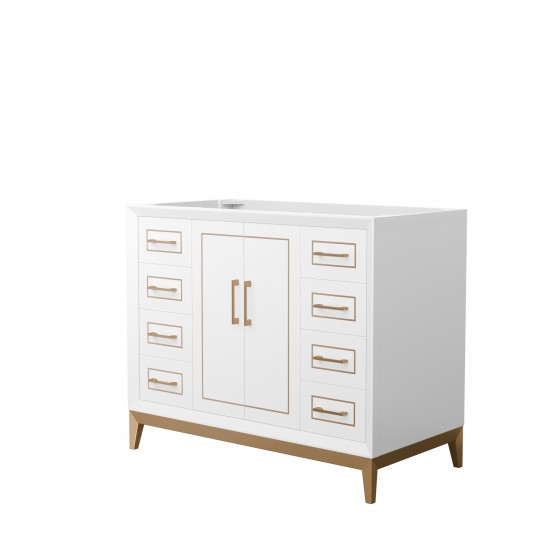 Marlena 42 Inch Single Vanity in White, No Top, No Sink, Satin Bronze Trim