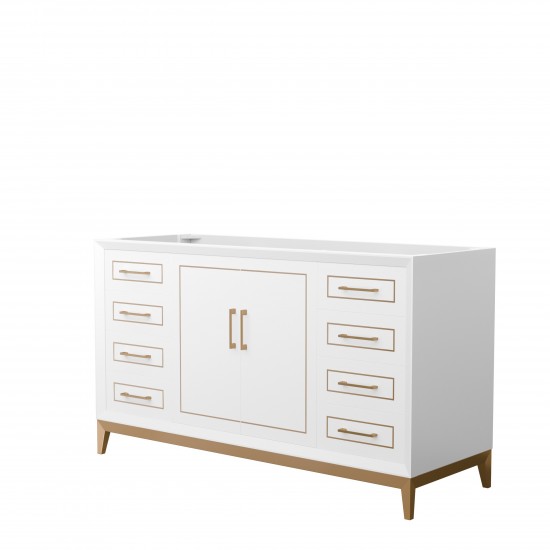 Marlena 60 Inch Single Vanity in White, No Top, No Sink, Satin Bronze Trim