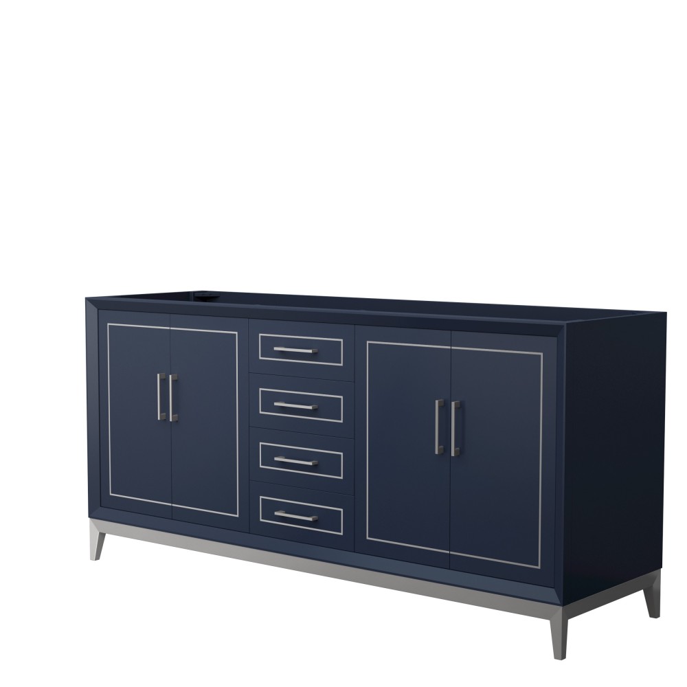 Marlena 72 Inch Double Vanity in Dark Blue, No Top, No Sink, Brushed Nickel Trim