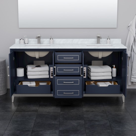 Marlena 72 Inch Double Vanity in Dark Blue, No Top, No Sink, Brushed Nickel Trim