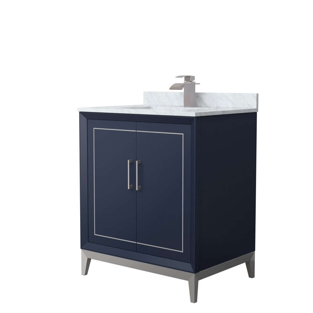 Marlena 30 " Single Vanity in Blue, White Carrara Marble Top, Sink, Nickel Trim