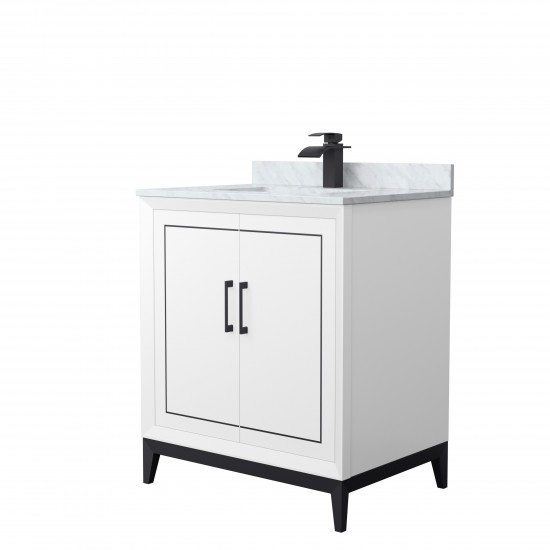 Marlena 30 " Single Vanity in White, White Carrara Marble Top, Sink, Black Trim