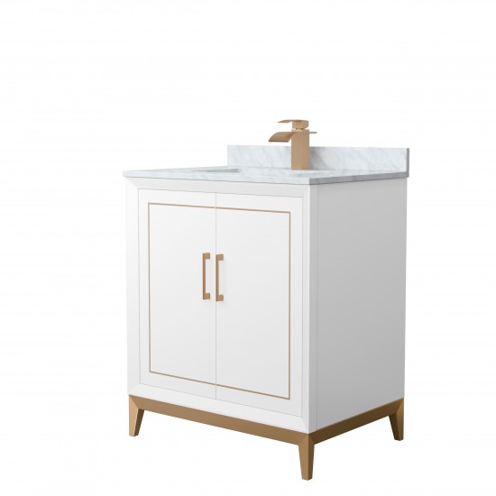 Marlena 30 " Single Vanity in White, White Carrara Marble Top, Sink, Bronze Trim