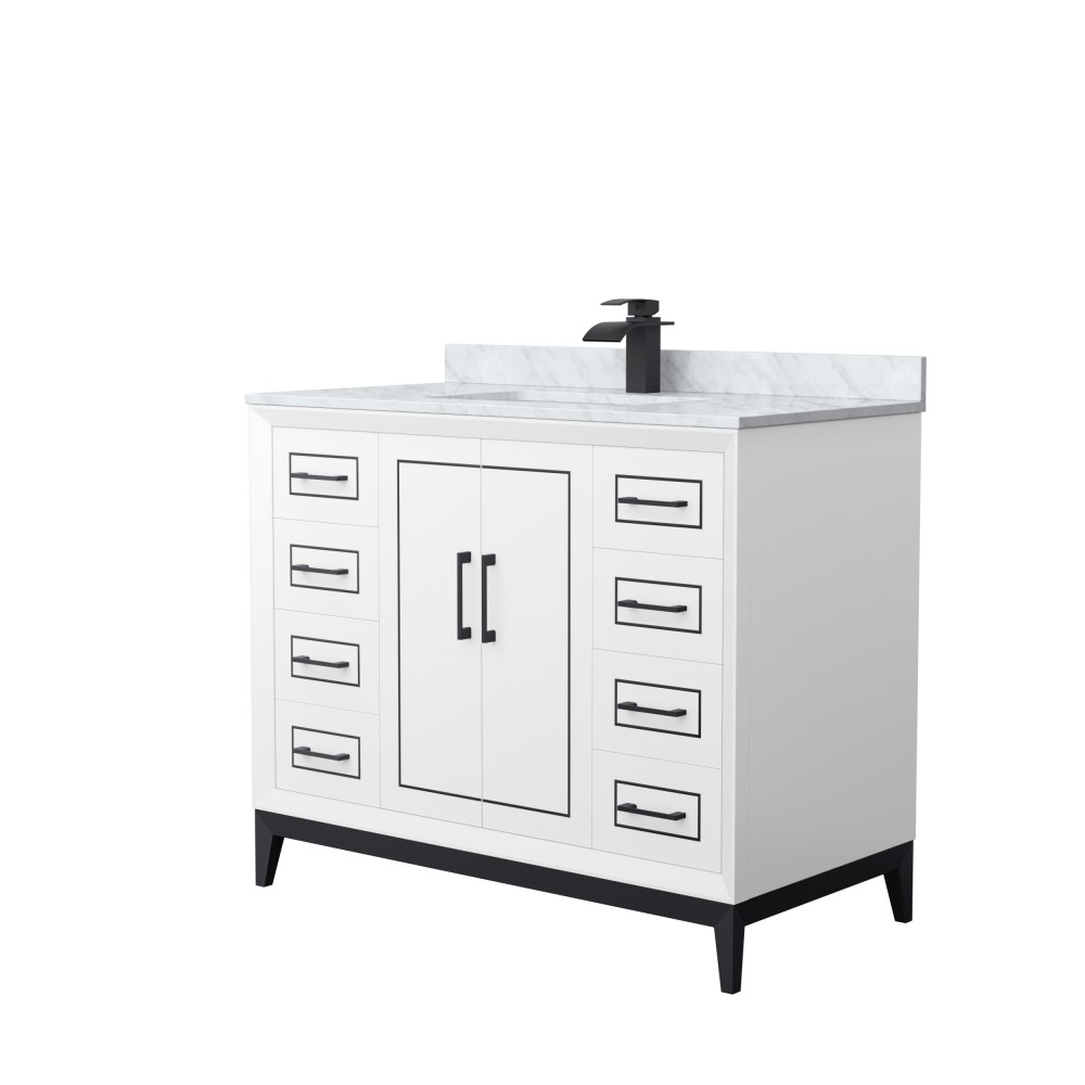 Marlena 42 " Single Vanity in White, White Carrara Marble Top, Sink, Black Trim