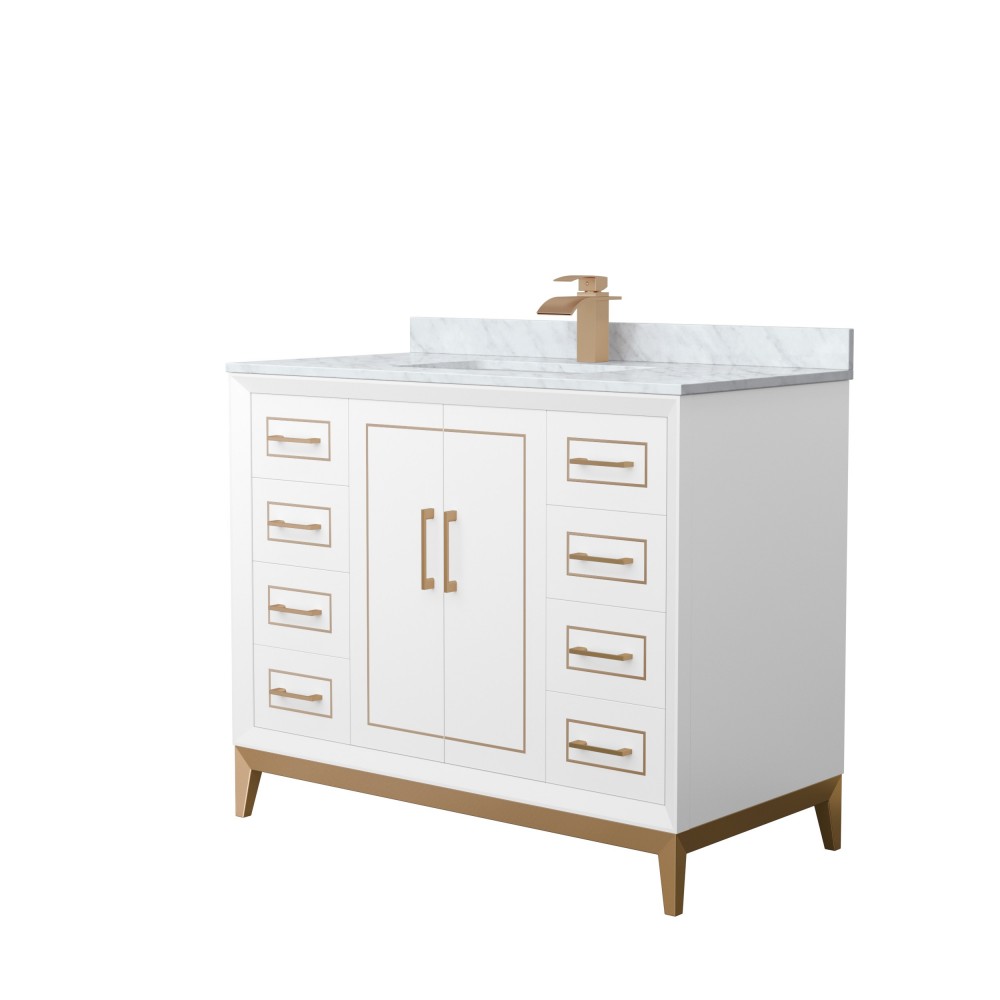 Marlena 42 " Single Vanity in White, White Carrara Marble Top, Sink, Bronze Trim