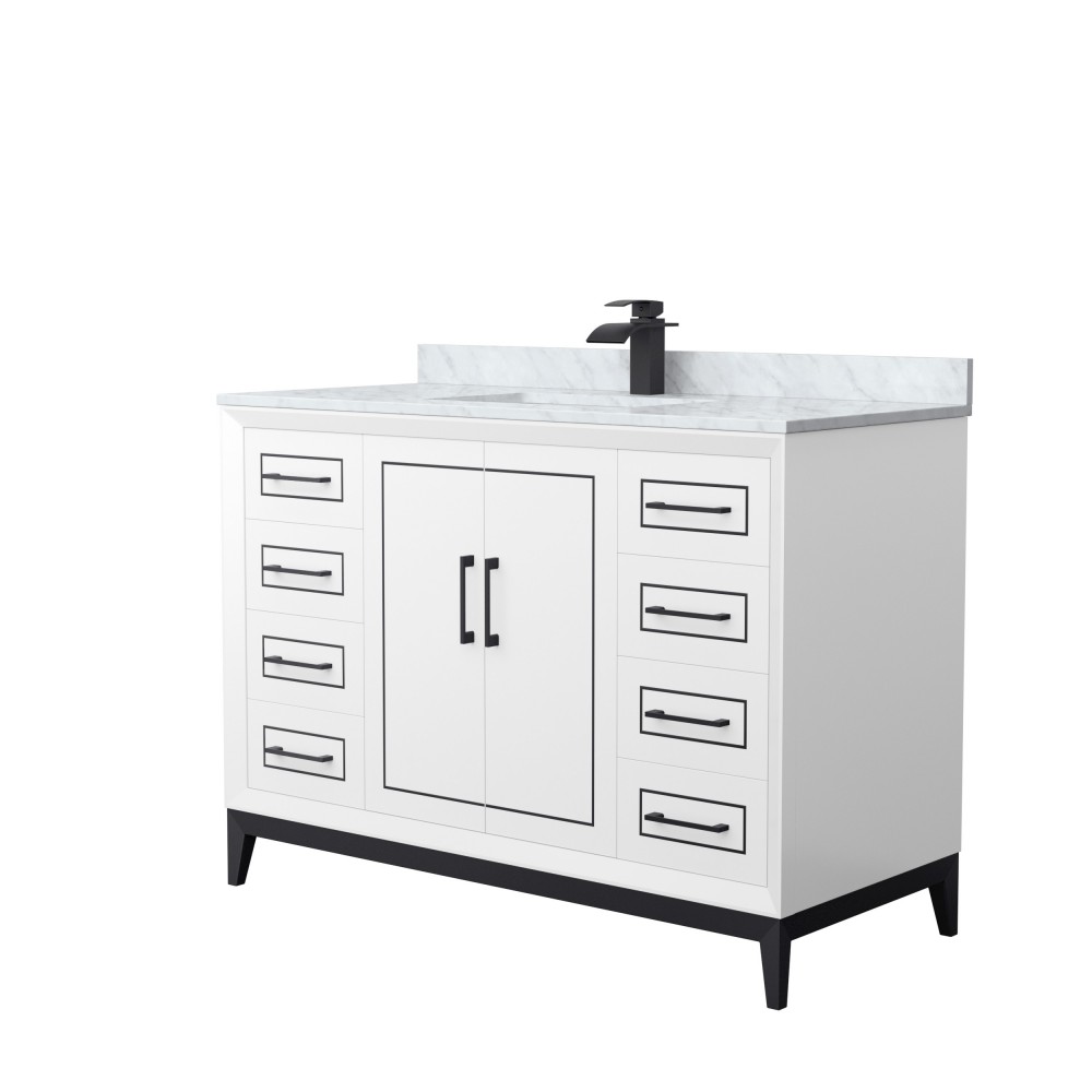 Marlena 48 " Single Vanity in White, White Carrara Marble Top, Sink, Black Trim