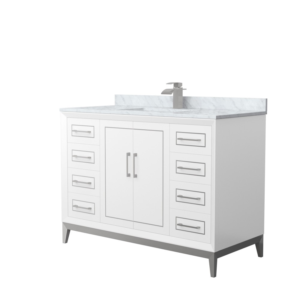 Marlena 48 " Single Vanity in White, White Carrara Marble Top, Sink, Nickel Trim