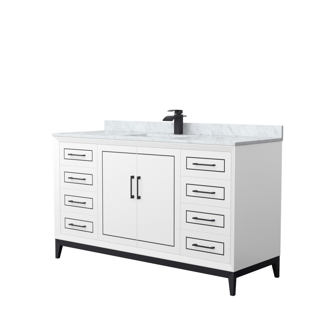 Marlena 60 " Single Vanity in White, White Carrara Marble Top, Sink, Black Trim