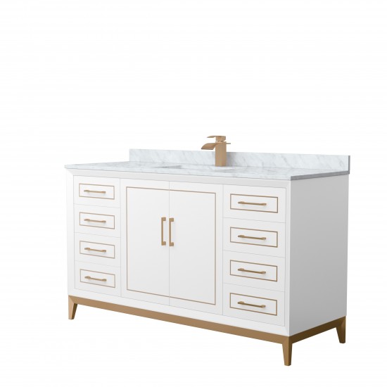 Marlena 60 " Single Vanity in White, White Carrara Marble Top, Sink, Bronze Trim