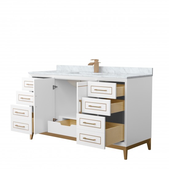 Marlena 60 " Single Vanity in White, White Carrara Marble Top, Sink, Bronze Trim