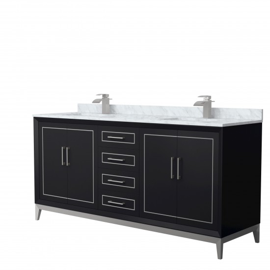 Marlena 72 " Black Double Vanity, White Carrara Marble Top, Sinks, Nickel Trim